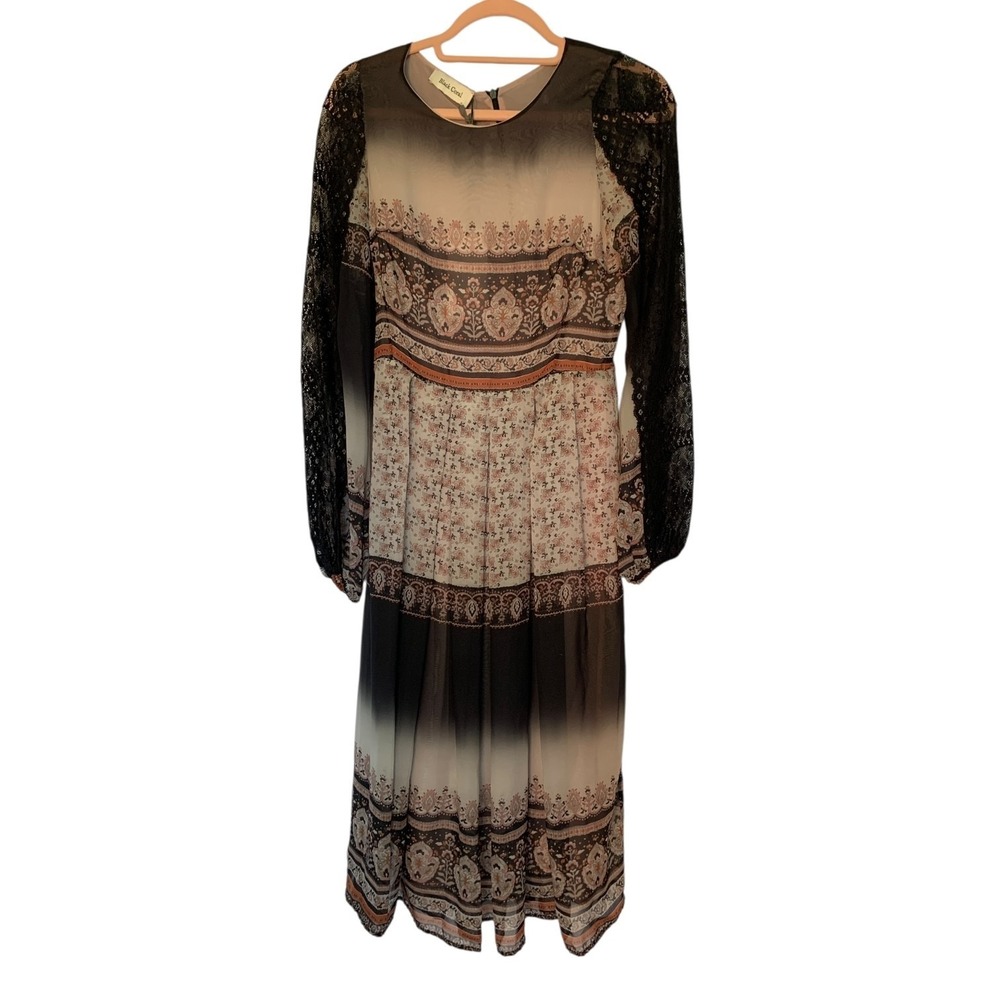 Black Coral Italian Chiffon Paisley Floral Lace Sleeve Dress Size 38 Small NWT